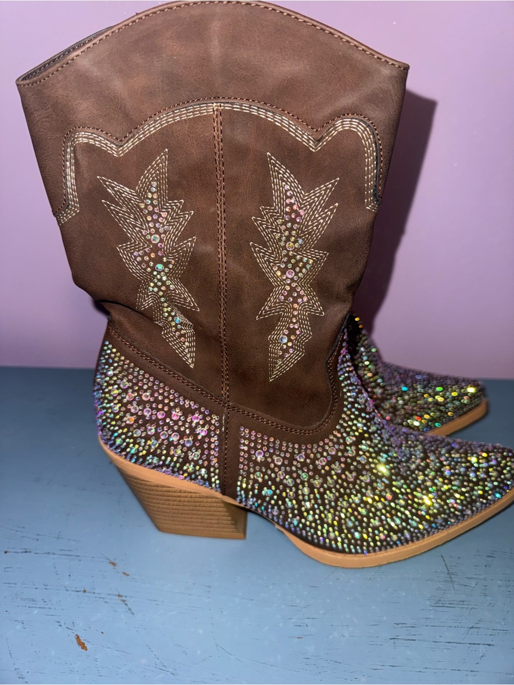 Forever 21 Brown Crystal Embellished Western Heeled Boots
